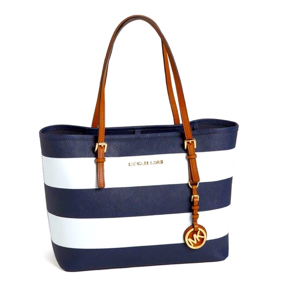 Michael Kors Handbags - Michael Kors Blue Striped Leather Tote